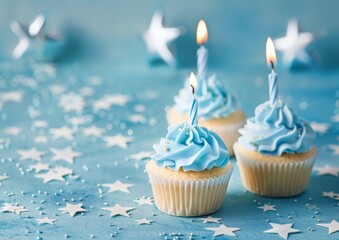 Light blue birthday background, cupcakes, Candle, stars in the background, simple 