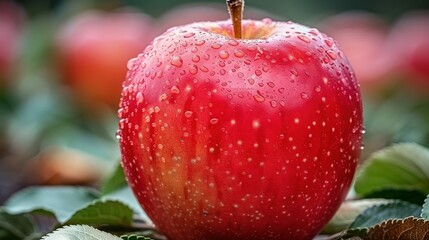   A red apple sits atop a lush, leaf-filled forest full of verdant greenery