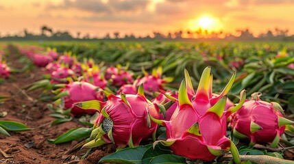   A dragon fruit field bathed in sunset light beyond distant trees