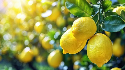 Lemons dangling from a leafy tree, bathed in golden sunbeams through the foliage
