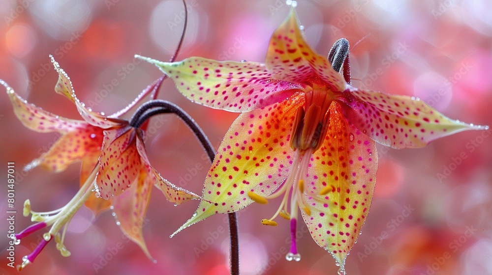 Canvas Prints   Flower with dew droplets on petals, set against a blurred backdrop of brightly colored blossoms