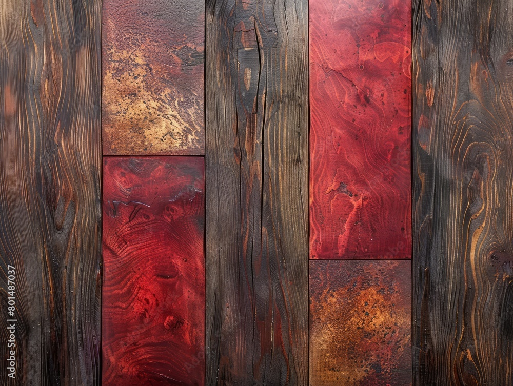 Poster a wooden floor with a red and brown color scheme. the floor is made up of four wooden boards, each w
