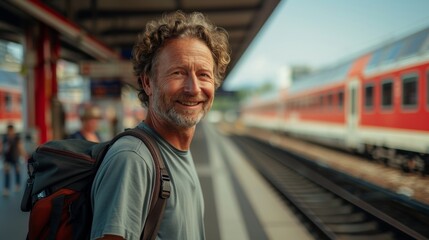 portrait of a friendly smiling middle-aged man in his 50s with curly brown hair standing on a railway platform with a red high-speed train in the background