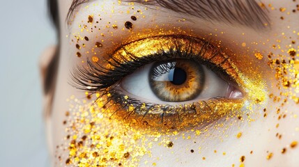   A detailed portrait of a woman's eye, adorned with glistening golden glitter surrounding and below it