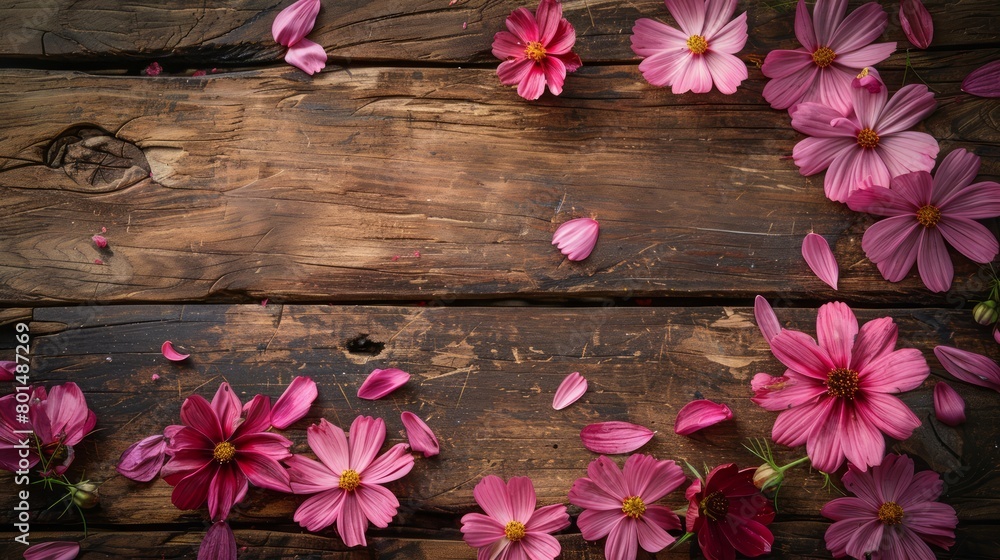 Poster A wooden background with pink flowers scattered around it. The flowers are of different sizes and are arranged in a way that they create a sense of movement and flow. Scene is one of natural beauty