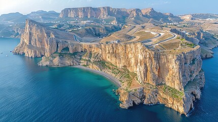 Fototapeta premium A bird's eye view of a road on an isolated island surrounded by water, with majestic mountains in the distance
