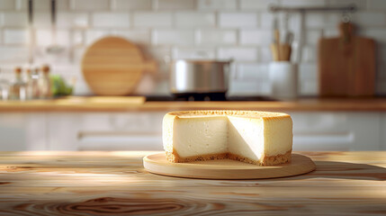  cheese cake on a wooden table in front of a blurred kitchen background.