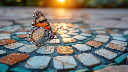   Close-up of a butterfly on mosaic tile floor with sun setting in background - Powered by Adobe