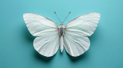   A photo of a white butterfly with a missing top wing against a blue backdrop