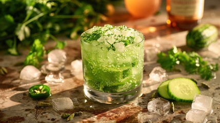   Close-up of a drink in a glass on a table with ice cubes and a cucumber