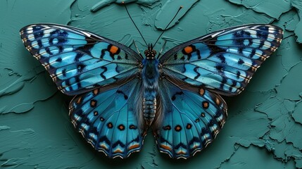   A close-up image of a blue butterfly with its paint peeling off the back legs and wings