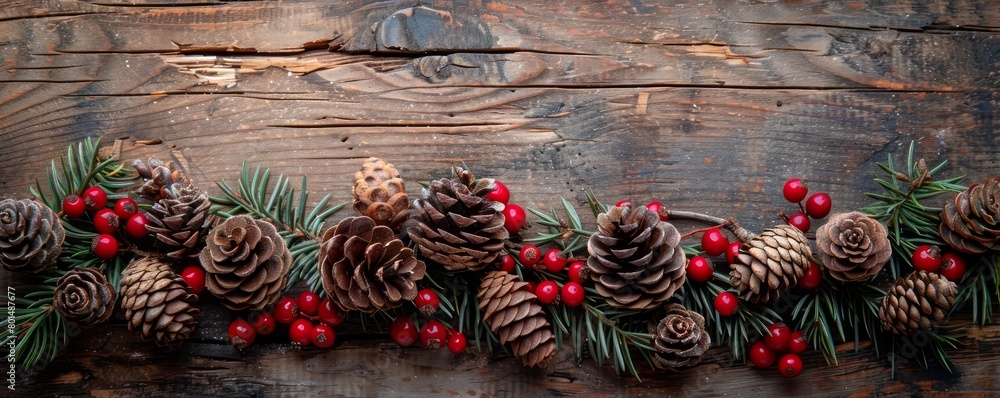 Poster A wooden background with a bunch of pine cones and berries. The pine cones are in various sizes and are scattered throughout the background. The berries are also spread out. Scene is festive and warm