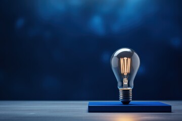 Indigo backdrop with illuminated lightbulb on a white platform symbolizing ideas and creativity business concept creative thinking innovation new 