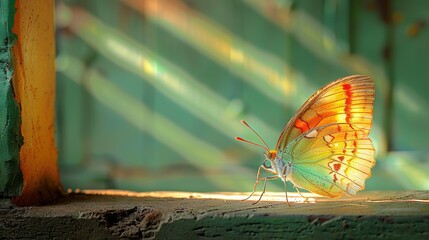   Butterfly on window sill with sunlight streaming through and green wall background