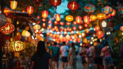Dazzling display of lanterns at a night market enriches the local shopping experience - obrazy, fototapety, plakaty