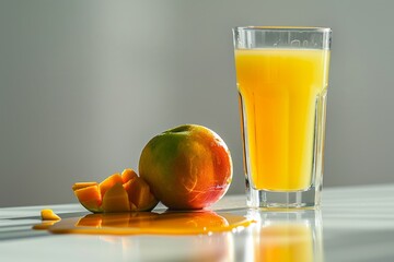 A glass of fresh juice with spilled juice on the table, accompanied by a fruit, against a light-colored background.
