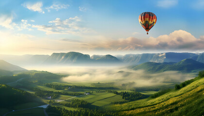 Fototapeta premium Big hot air baloon over idyllic landscape with green grass covered morning mountains with distant peaks and wide valley full of thick white cloudy fog