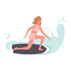 Illustrated scene of a woman in a dotted bikini, elegantly surfing a wave, poised with one knee bent and arms balanced.