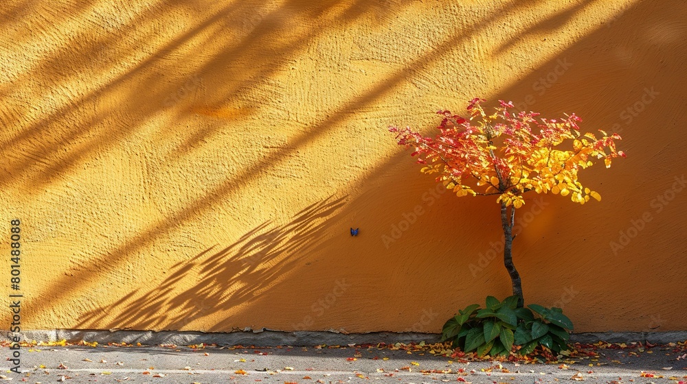 Canvas Prints   A tree stands before a yellow wall, casting a shadow beside it