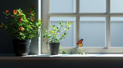   A butterfly rests beside potted plants on a window sill