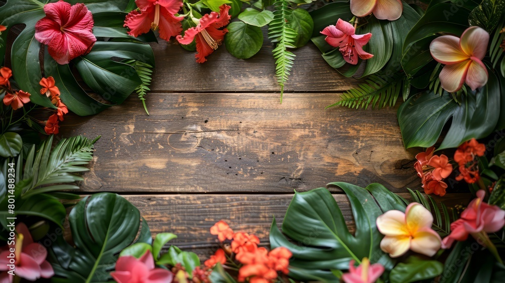 Poster a wooden frame with a variety of flowers and leaves surrounding it. the frame is brown and the flowe