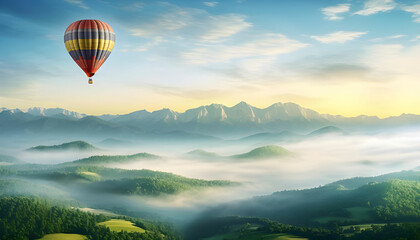 Big hot air baloon over idyllic landscape with green grass covered morning mountains with distant peaks and wide valley full of thick white cloudy fog