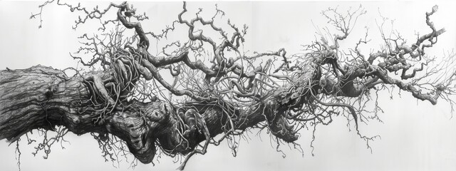 An intricate graphite drawing of tangled tree branches morphing into human figures, symbolizing the connection between humanity and nature.