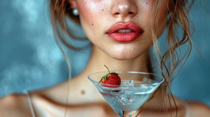   A woman with a strawberry-rimmed martini glass