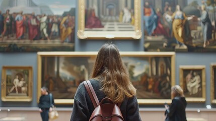 museum visitor admiring renaissance paintings art gallery interior rear view
