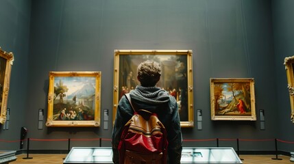 museum visitor admiring renaissance paintings art gallery interior rear view