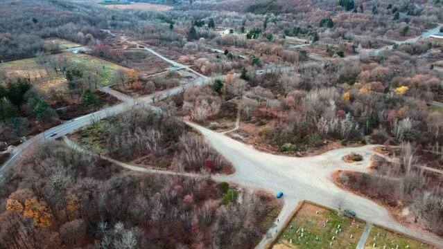 Aerial landscape of road and scenery in Fall around abandoned coal town Centralia Pennsylvania
