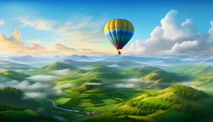Naklejka premium Big hot air baloon over idyllic landscape with green grass covered morning mountains with distant peaks and wide valley full of thick white cloudy fog