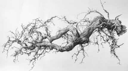 An intricate graphite drawing of tangled tree branches morphing into human figures, symbolizing the connection between humanity and nature.