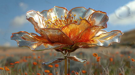   A zoomed-in image of a single flower surrounded by an array of blossoms, against a backdrop of azure skies and fluffy white clouds