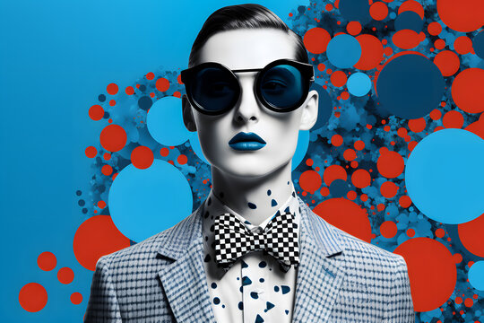 Portrait tendance et &agrave; la mode d'un homme habill&eacute; avec un  noeud papillon et es lunettes de soleil sur fond bleu et rouge.