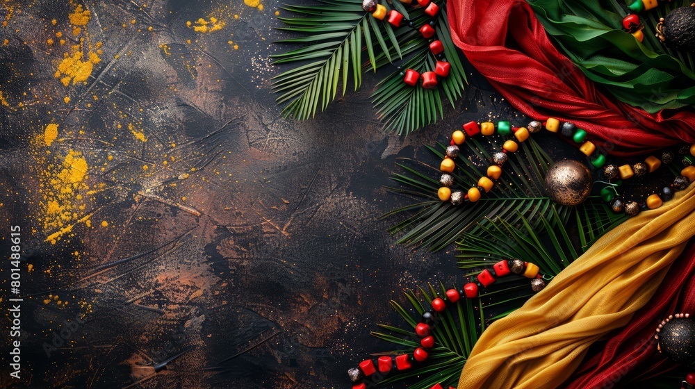 Poster a colorful background with a bunch of beads and a scarf