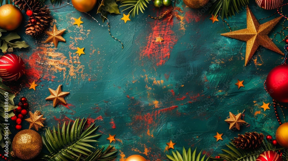 Poster a christmas scene with a star and many red and gold ornaments. the star is in the center of the fram