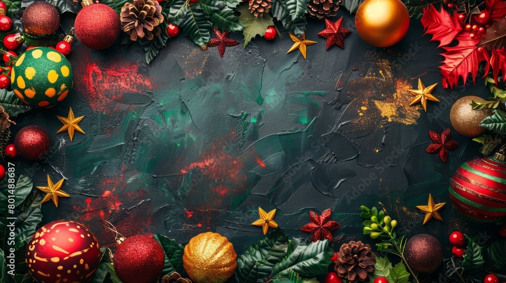 Poster a christmas scene with many red and gold ornaments and a green leaf. the background is a dark color