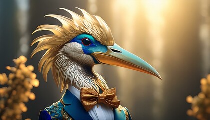 Eleganter Vogel im Anzug mit goldener Fliege - obrazy, fototapety, plakaty