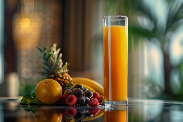 A tall glass of freshly squeezed juice surrounded by an assortment of fresh fruits on a table, softly illuminated background