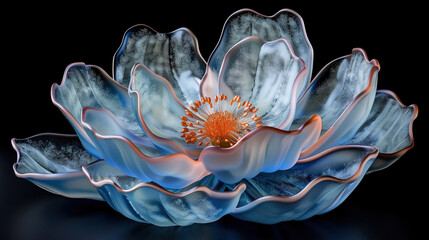    a blue and white flower on a dark background shows its reflection in the center