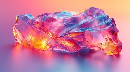  A translucent piece resembling an ice sculpture against a pastel blue-pink background, with accents of yellow