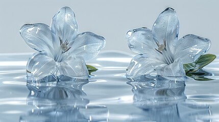   A pair of glass flowers rest atop water, their leaves perched atop the flower's petals