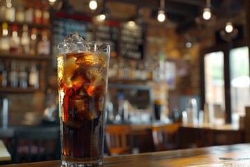 A tall glass of soda with ice cubes, sitting on a bar counter.