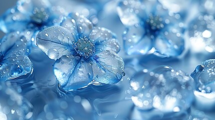   Blue flowers on ice cubes on blue surface