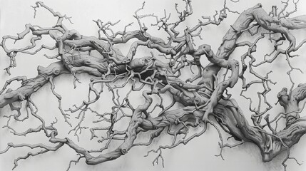 An intricate graphite drawing of tangled tree branches morphing into human figures, symbolizing the connection between humanity and nature.