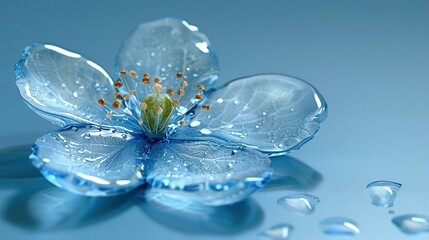   A close-up of a blue flower with water droplets on the petals and the inner petals