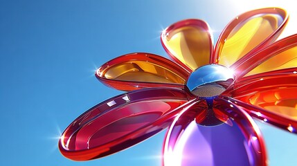   A close-up of a colorful flower on a clear day with a bright blue sky in the background