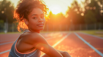 Healthy woman smiling after exercise in the morning in running track .