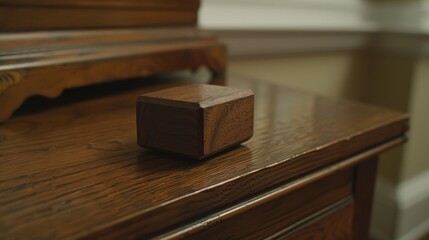  A tight shot of a wooden item on a wooden table, against a backdrop of a room with a window
